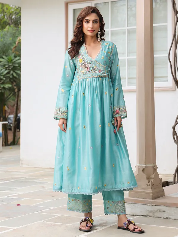 Light blue chanderi silk kurti set for women