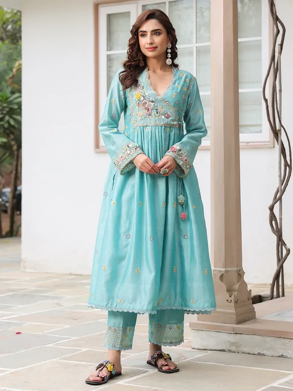 Light blue chanderi silk kurti set for women