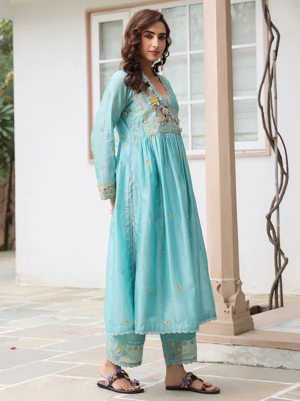 Light blue chanderi silk kurti set for women