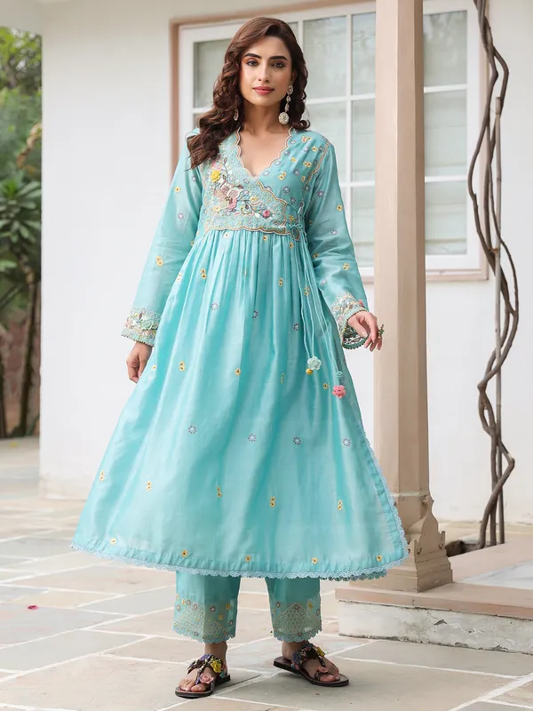 Light blue chanderi silk kurti set for women