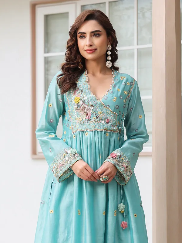 Light blue chanderi silk kurti set for women