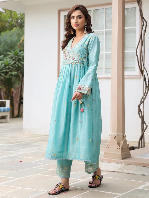 Light blue chanderi silk kurti set for women