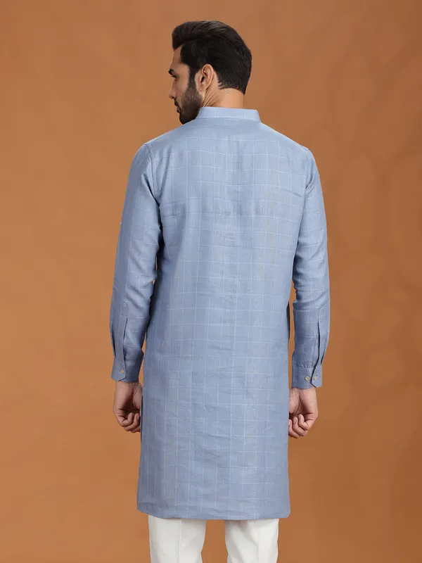 Light blue checked festive linen kurta