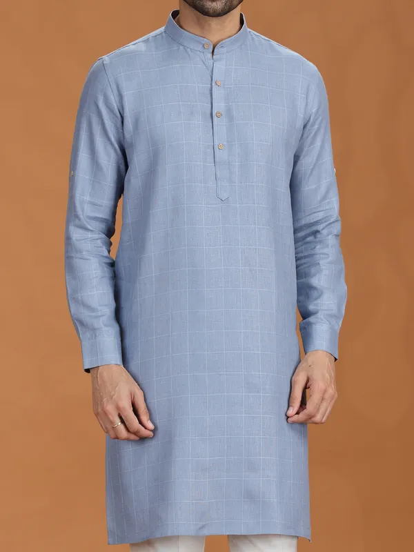 Light blue checked festive linen kurta
