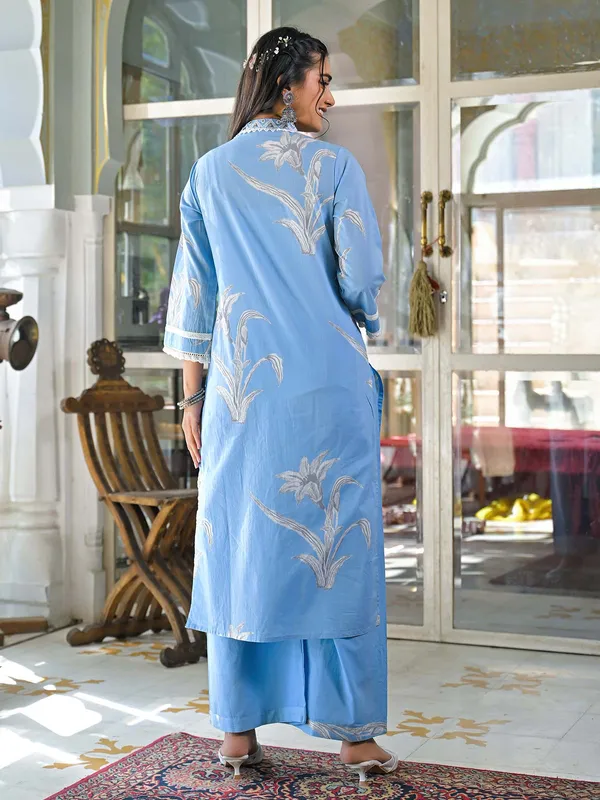 Light blue cotton palazzo kurti set in printed