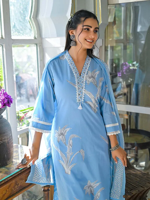 Light blue cotton palazzo kurti set in printed