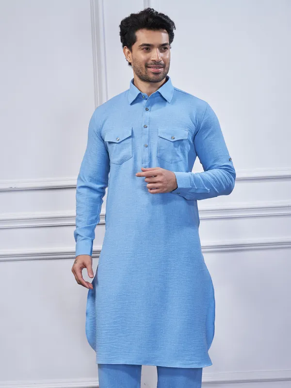 Light blue cotton plain pathani suit for men