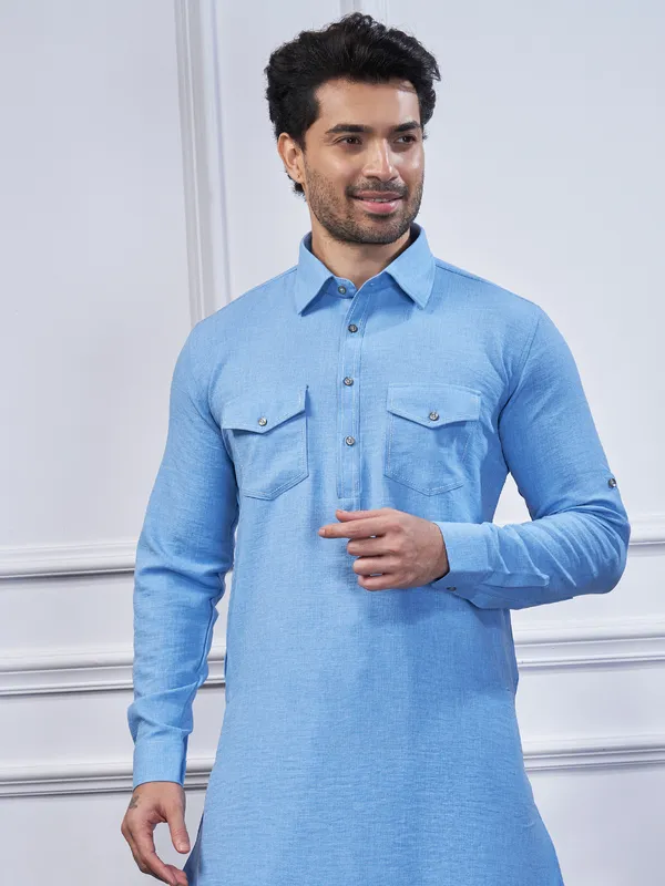 Light blue cotton plain pathani suit for men