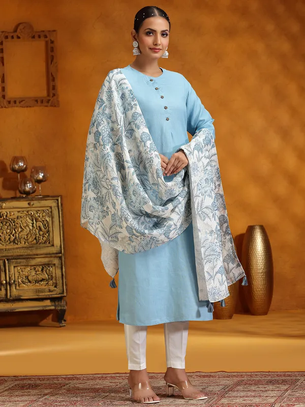 Light blue cotton salwar suit with printed dupatta