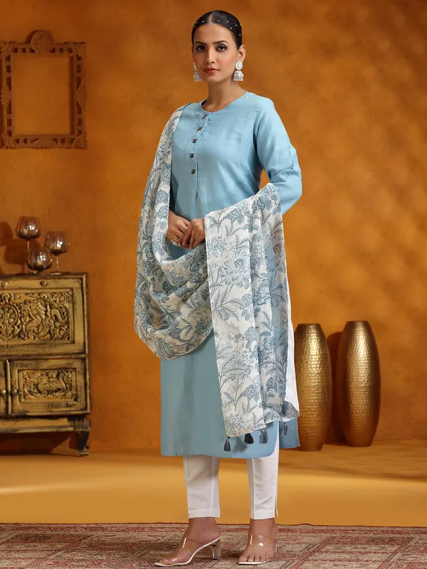 Light blue cotton salwar suit with printed dupatta