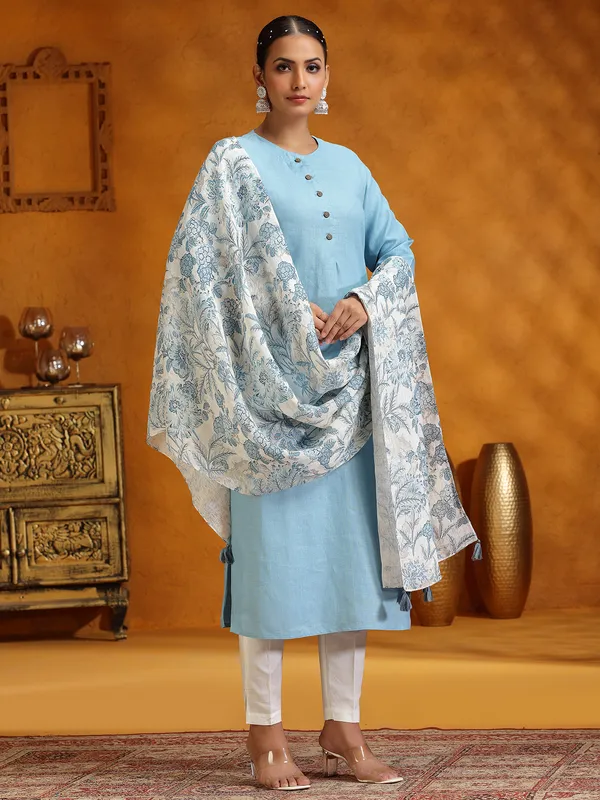 Light blue cotton salwar suit with printed dupatta