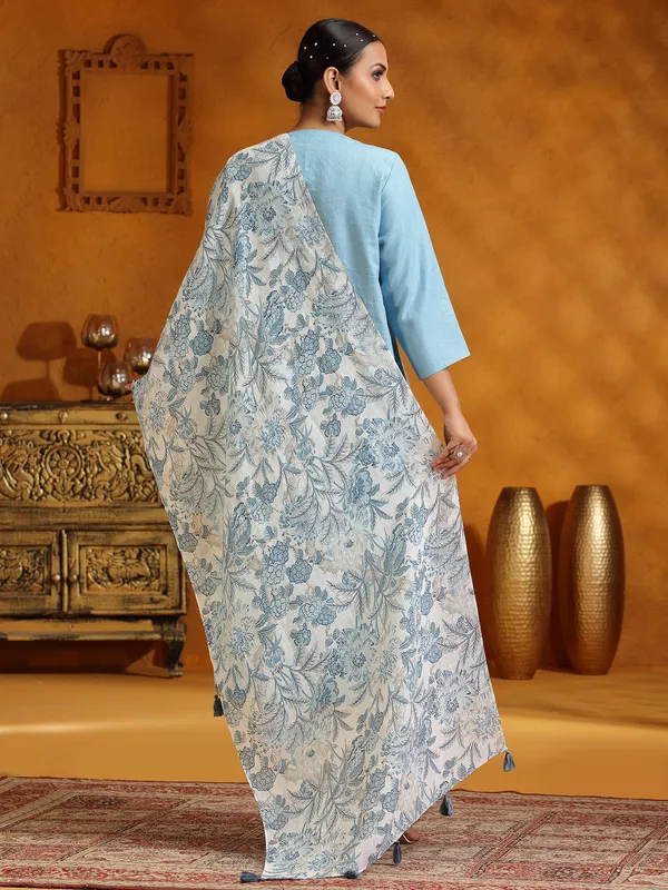 Light blue cotton salwar suit with printed dupatta