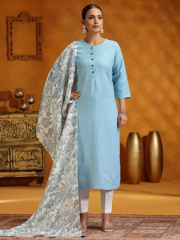 Light blue cotton salwar suit with printed dupatta