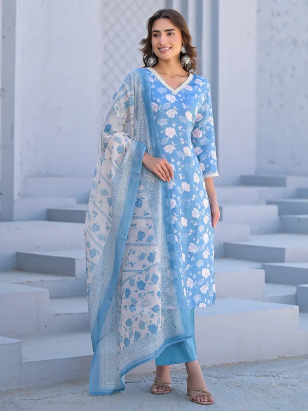 Light blue cotton silk kurti set for women