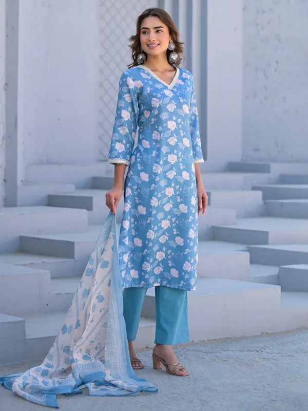 Light blue cotton silk kurti set for women