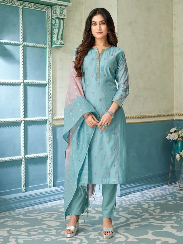 Light blue cotton silk salwar suit with embroidery work