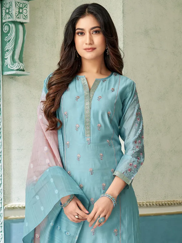 Light blue cotton silk salwar suit with embroidery work