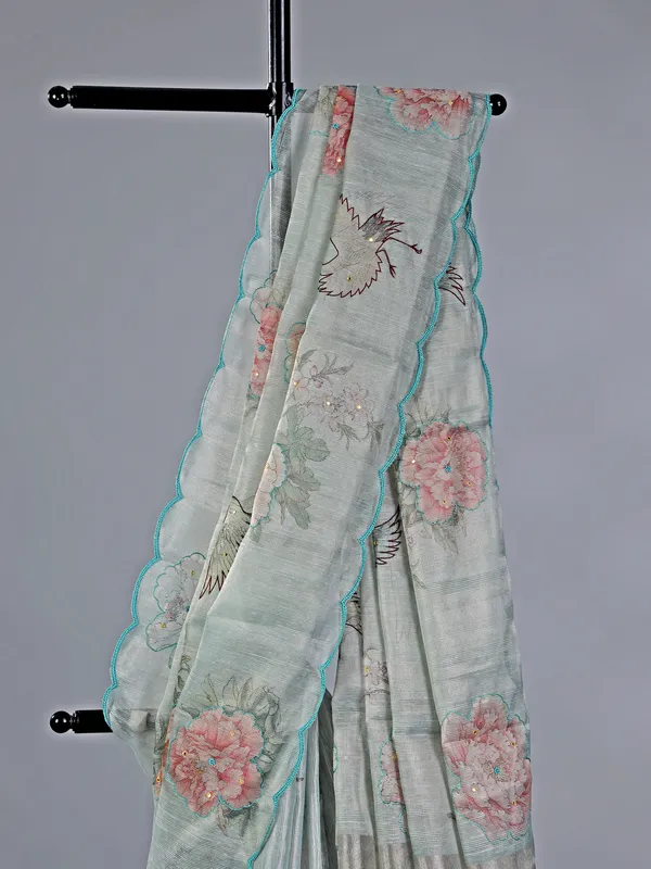 Light blue cotton silk saree with beads and thread
