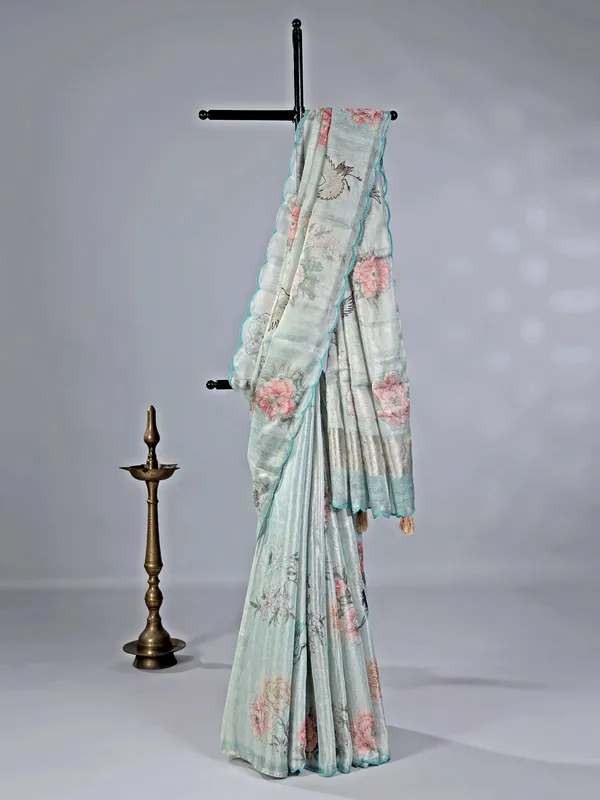 Light blue cotton silk saree with beads and thread