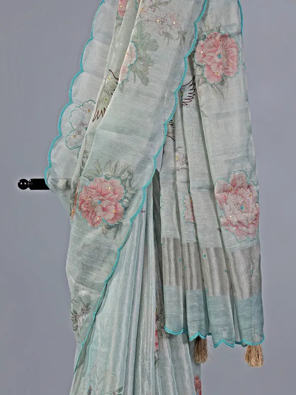 Light blue cotton silk saree with beads and thread