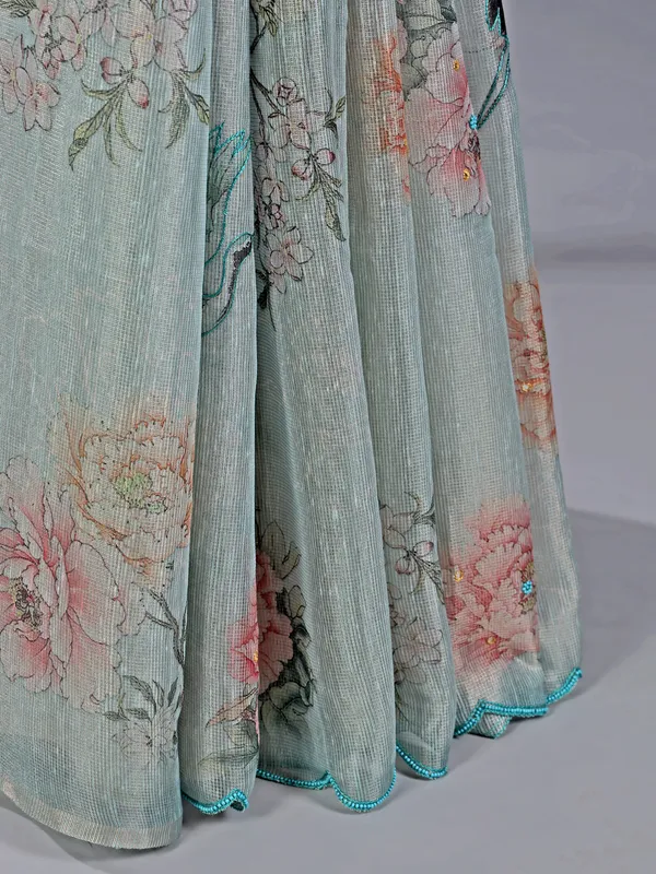 Light blue cotton silk saree with beads and thread