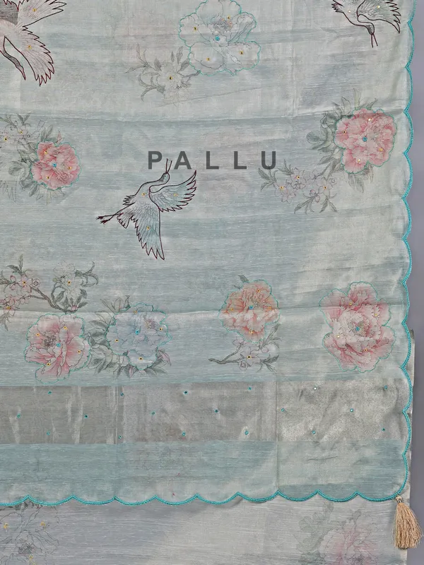 Light blue cotton silk saree with beads and thread