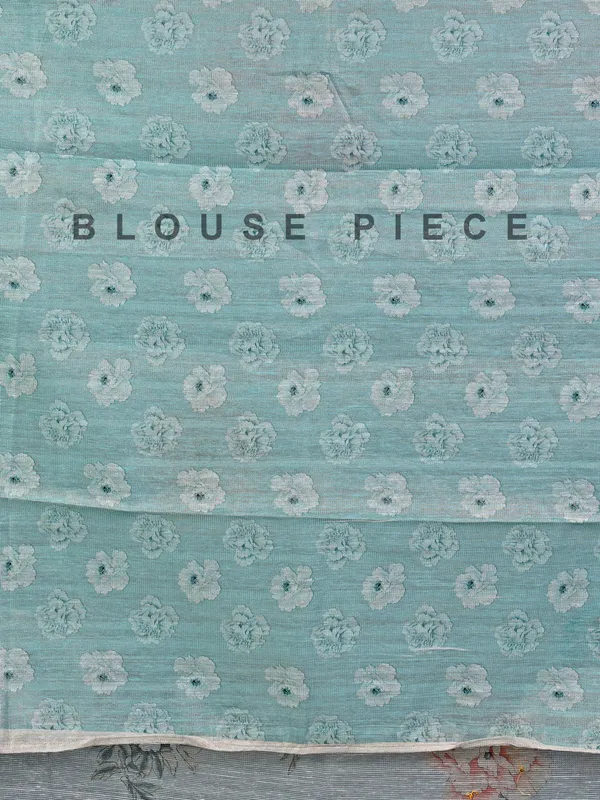 Light blue cotton silk saree with beads and thread