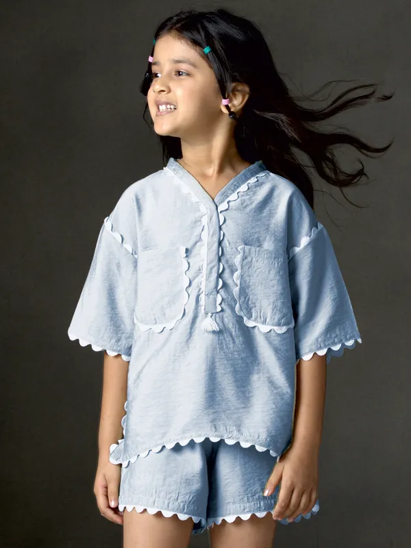Light blue cotton silk V neck co-ord set for girls