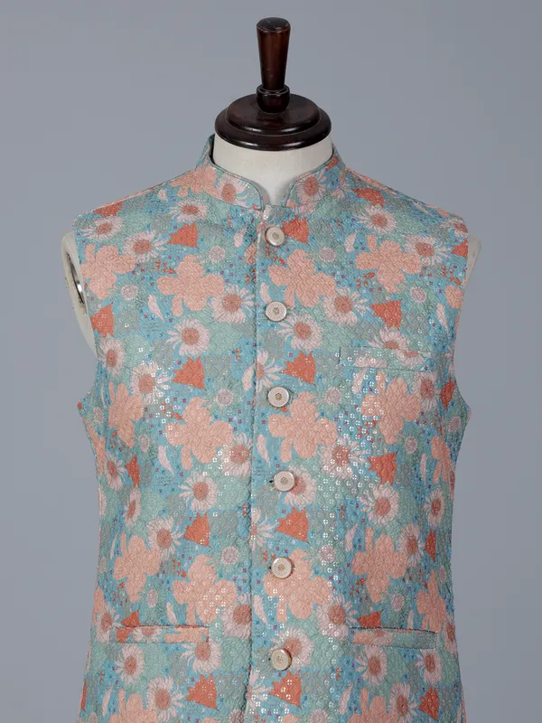 Light blue cotton silk waistcoat for festival wear