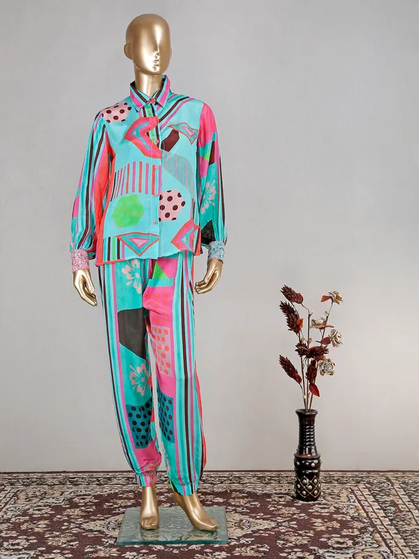 Light blue crepe printed co ord set for festive