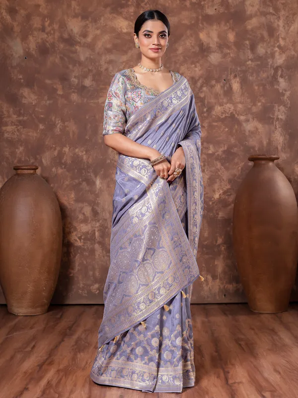 Light blue dola silk saree with ready made blouse
