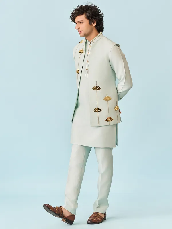 Light blue elegant lotus applique worked kurta jacket set