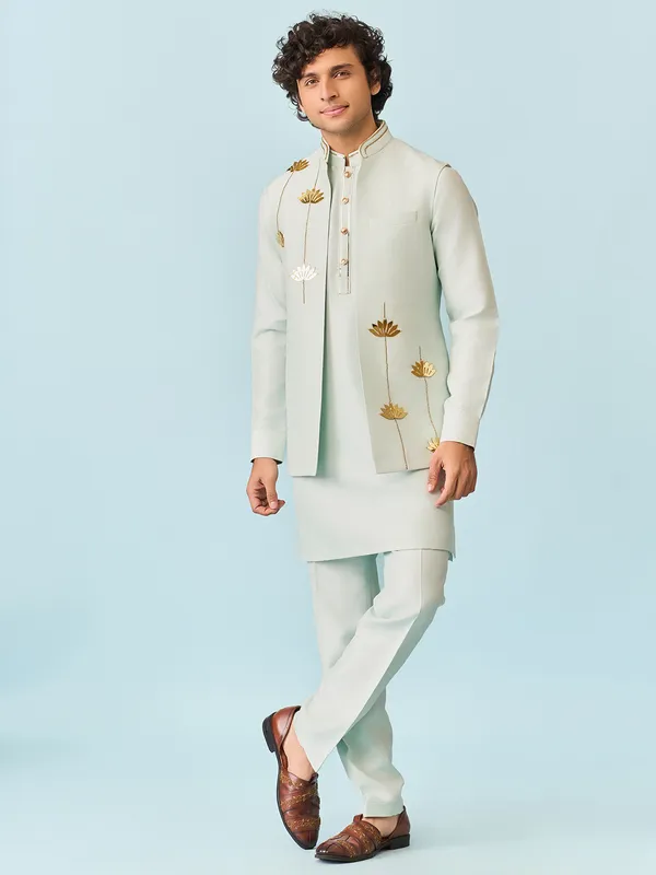 Light blue elegant lotus applique worked kurta jacket set
