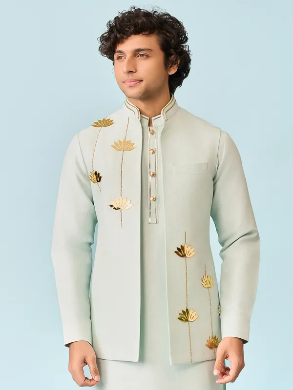 Light blue elegant lotus applique worked kurta jacket set