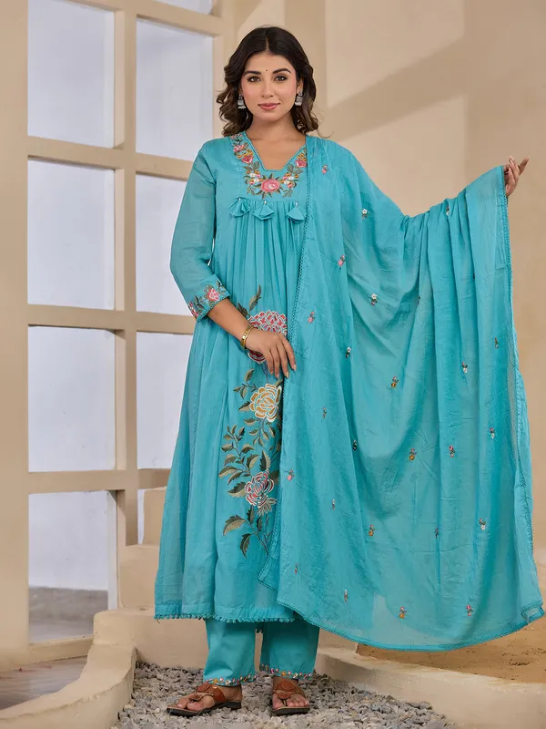 Light blue embroidered kurti set with dupatta