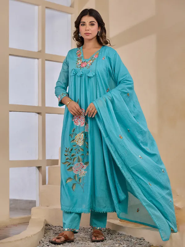 Light blue embroidered kurti set with dupatta