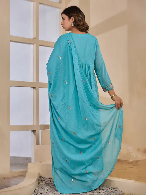 Light blue embroidered kurti set with dupatta