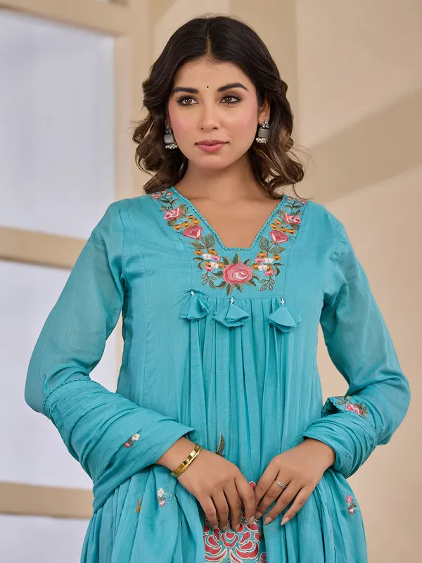 Light blue embroidered kurti set with dupatta