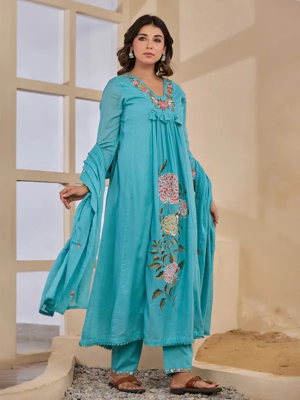 Light blue embroidered kurti set with dupatta