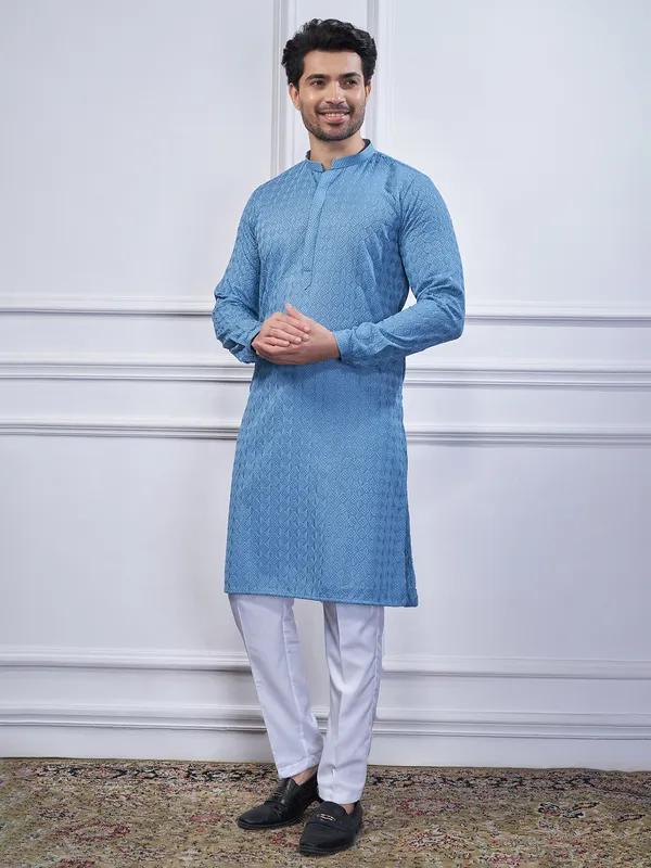Light blue embroidery cotton kurta suit