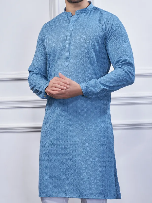 Light blue embroidery cotton kurta suit