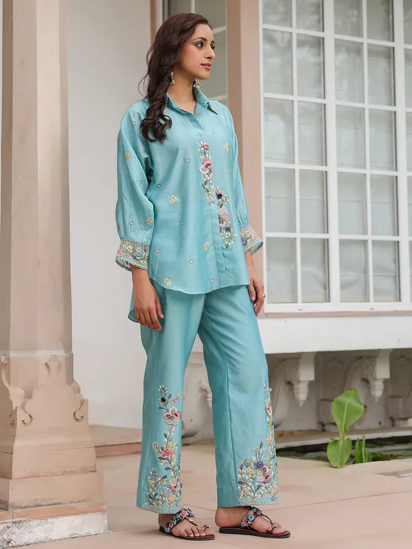 Light blue embroidery silk tencel co-ord set