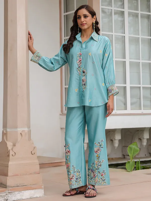 Light blue embroidery silk tencel co-ord set