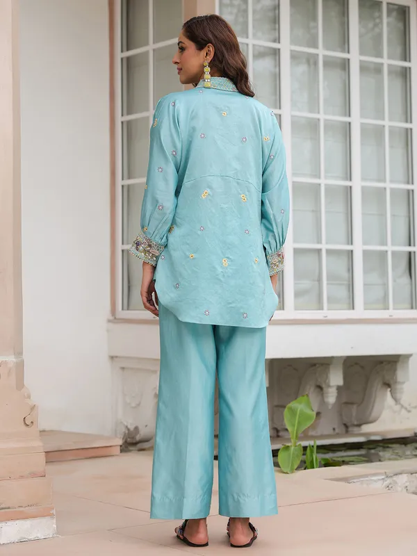 Light blue embroidery silk tencel co-ord set