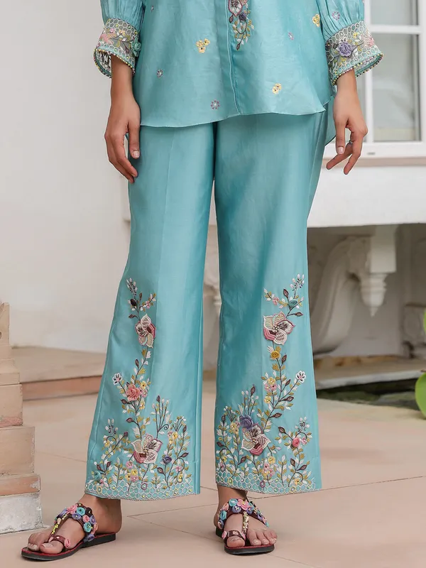 Light blue embroidery silk tencel co-ord set