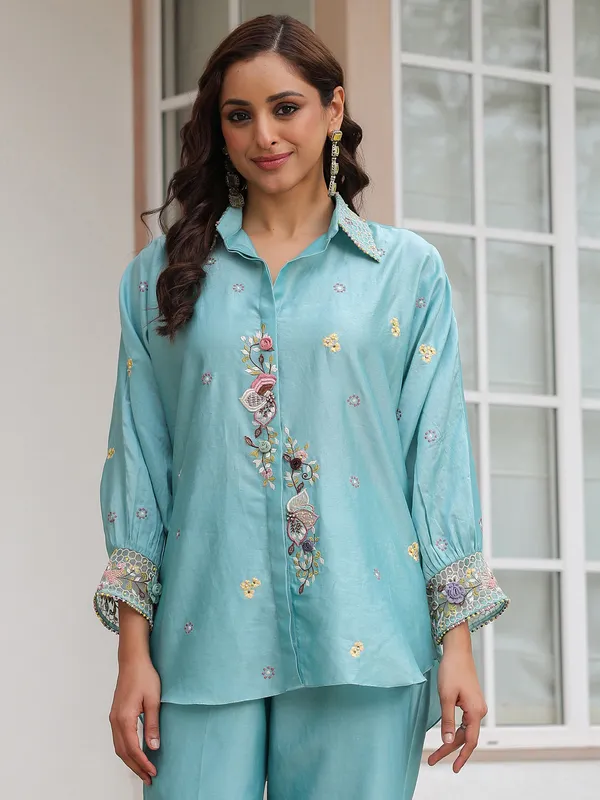 Light blue embroidery silk tencel co-ord set