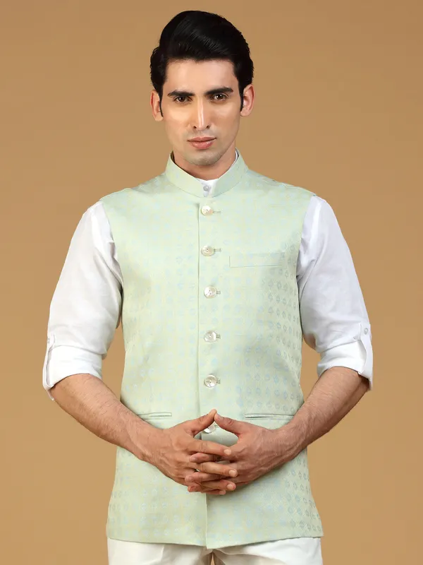 Light blue festive wear waistcoat in silk