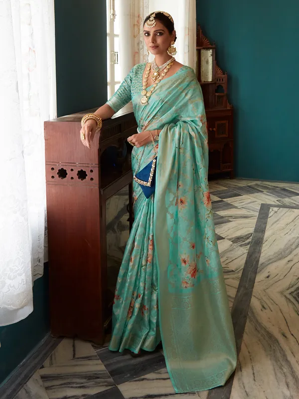 Light blue floral printed saree