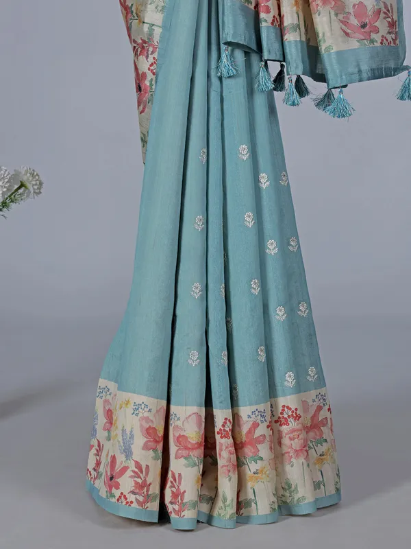 Light blue floral semi silk saree with resham work