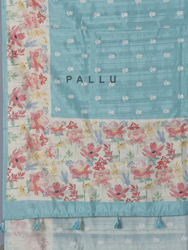 Light blue floral semi silk saree with resham work